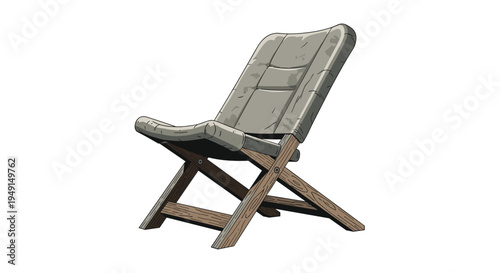 A single, grey fabric folding lounge chair with a wooden cross-frame is presented from a side-angle in a reclined position.