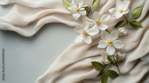 White Flowers and Green Leaves on Soft Fabric in a Light Setting