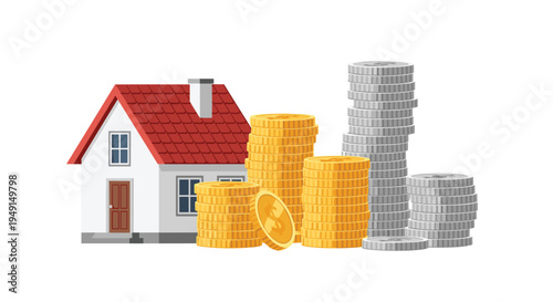 A quaint white house with a red roof and brown door stands beside several tall stacks of golden and silver coins of varying heights on a clean white background.