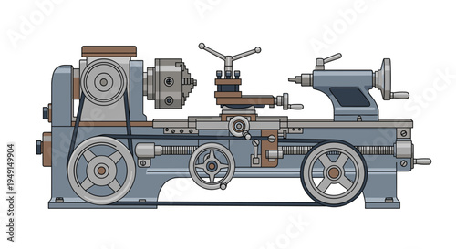 A detailed, vintage metalworking lathe machine with multiple gears, levers, and a belt drive system is depicted in muted colors on a white background.