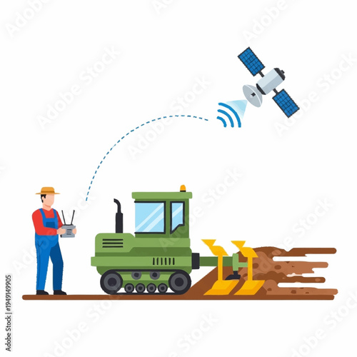 Man operating remote control for autonomous tractor with satellite communication.