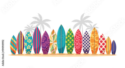 A diverse array of twelve colorful surfboards, each featuring unique designs, stands neatly in a row on a strip of sand.