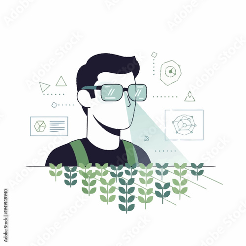 Man wearing smart glasses monitoring plant growth with advanced technology.
