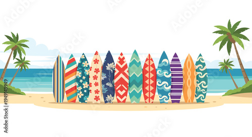 A vibrant collection of ten distinct surfboards, each adorned with unique patterns, stands upright in a row on a sandy beach.