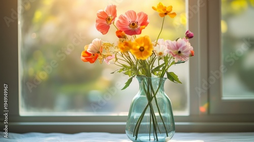Colorful Flowers in a Glass Vase on a Table by the Window With Sunlight
