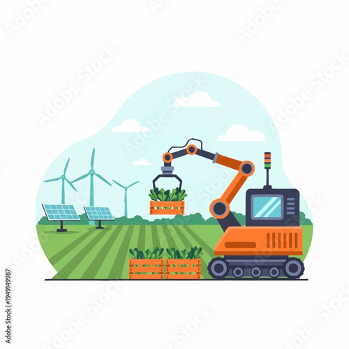 Robotic arm harvesting crops in a field.