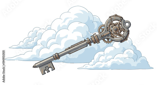 A large, intricate steampunk-style key, featuring visible gears, rivets, and various mechanical components, floats horizontally amidst several soft white clouds.