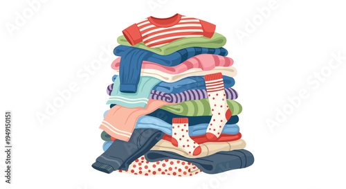 A large, unorganized pile of numerous colorful garments, including striped shirts, various pants, and patterned socks, is loosely stacked against a pure white background.