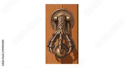 A single, textured golden-bronze eagle's claw door knocker with sharp talons is securely mounted vertically on a light brown wooden door panel.