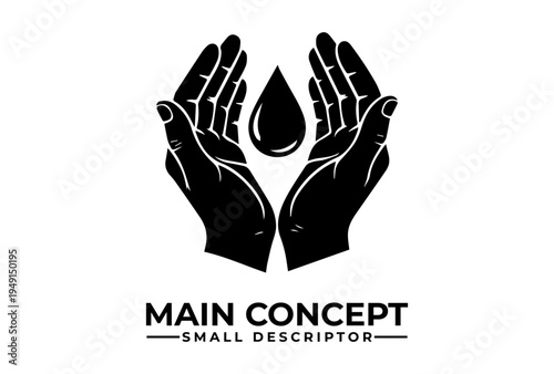 Hands holding water drop are presented as black vector silhouette sketch engraving logo illustration on white background for World Water Day protection concept