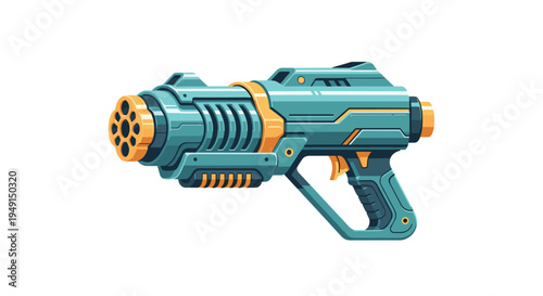 A compact futuristic energy weapon with a distinct multi-barreled front and a pistol grip is displayed diagonally on a bright white background.