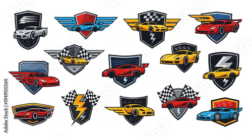 Collection of Racing Car Emblems and Badges with Shield Designs.