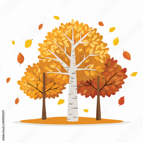 Autumnal trees illustration with falling leaves against a white backdrop design