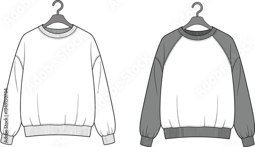 Front and back view of a white long-sleeved sweatshirt with grey raglan sleeves and a crew neck, presented as a flat fashion on a hanger