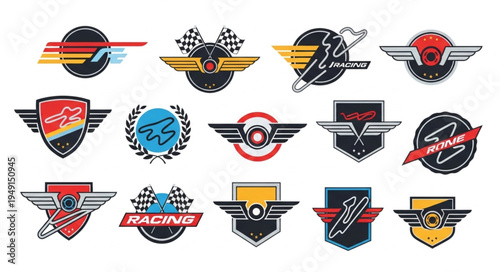 Collection of Racing and Automotive Emblems with Wings and Checkered Flags.