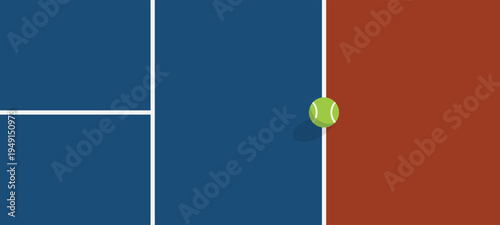 Top view tennis court detail showing blue hard court and red clay surface contrast with clean white line markings and a tennis ball