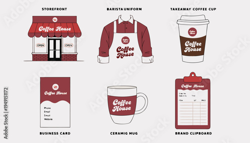 Coffee Shop Brand Identity and Mockup Set with Storefront, Staff Uniform, and Stationery Vector.eps