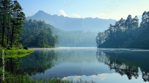 Serene Lake Reflection: Misty Mountains and Verdant Forest Landscape at Dawn