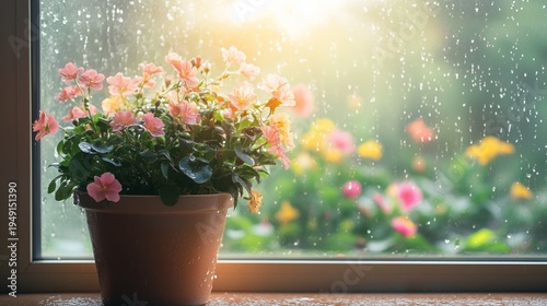Flower Pot on Window Sill With Rain and Garden View in the Background During ...