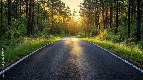 Sun-Kissed Road: Serene Forest Drive at Sunset with Golden Light
