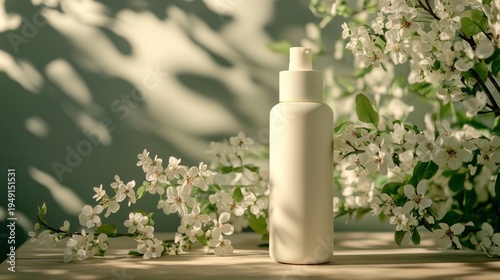 Bottle of Product Placed Near White Flowers on a Bright Surface With Soft Sha...