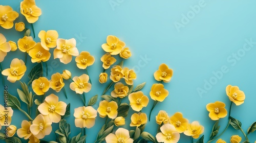 Vibrant Yellow Flowers Arranged on a Blue Background in Springtime Setting