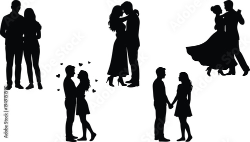 Romantic couple silhouette collection, kissing hugging holding hands dancing love relationship black vector isolated illustration set