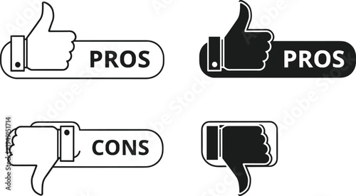 Pros and cons thumbs up and thumbs down comparison icons set for decision evaluation and feedback concept