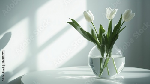 Sunlight Shines on White Tulips in a Glass Vase on a Light Surface