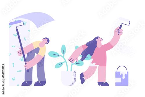 Happy couple redecorate home interior together