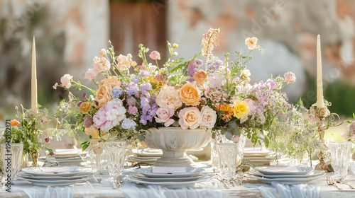 Beautiful Floral Arrangement on a Table for a Garden Event During Daylight