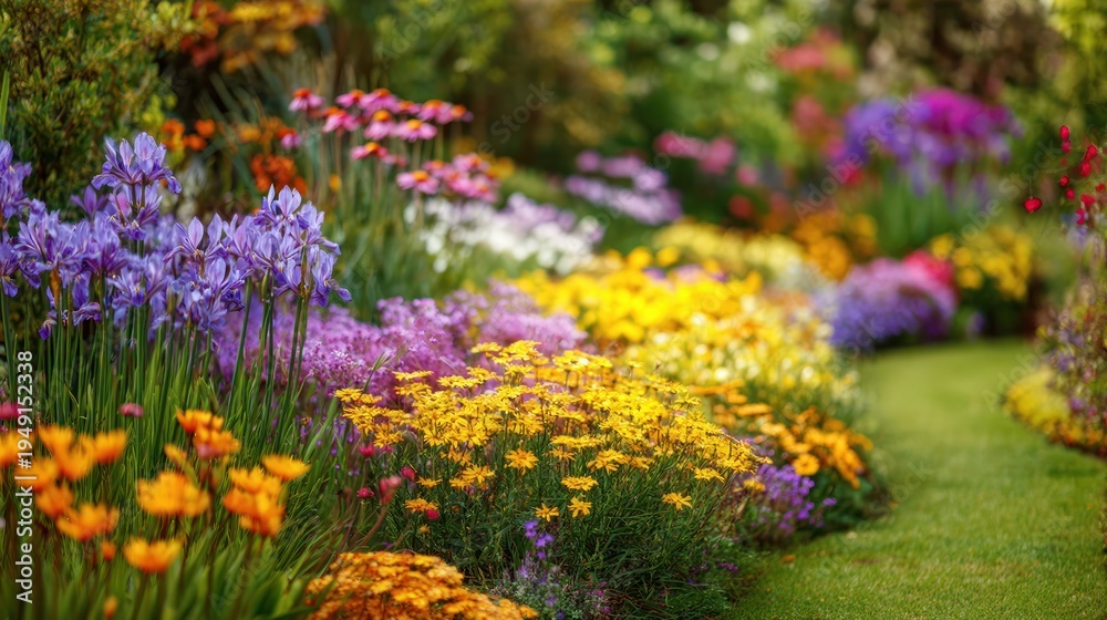 Obraz premium Vibrant Spring Garden Path with Purple Irises, Golden Yellow Blooms, and Lush Greenery