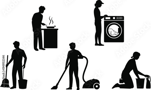 Silhouette depicting domestic chores including cooking cleaning laundry and vacuuming