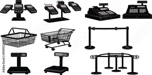 Collection of black retail and grocery store silhouettes featuring payment terminals cash registers shopping carts baskets and security barriers for commercial shopping designs
