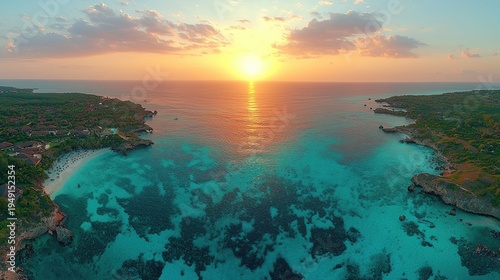 Breathtaking Aerial View of Tropical Coastline at Sunset with Turquoise Waters