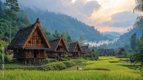 Traditional Wooden Houses on Stilts, Lush Rice Paddies, Misty Mountains, Serene Golden Hour Village