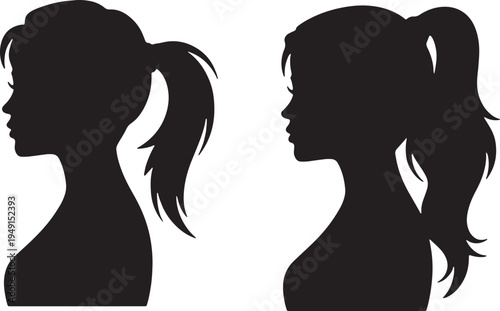 Two Black Silhouettes of Women Facing Each Other with Ponytail Hairstyles woman female