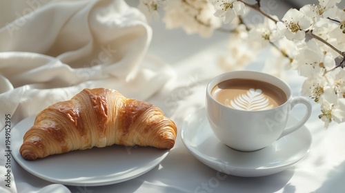 Coffee and Croissant Served on a Table With Soft Fabrics and Flowers Nearby i...