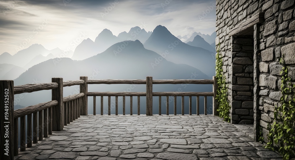 Fototapeta premium Stone terrace overlooking misty mountains