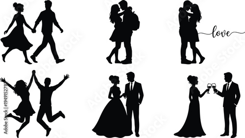 Romantic couple silhouette collection, walking hugging kissing celebrating love engagement wedding toast jumping happy relationship black vector isolated set illustration