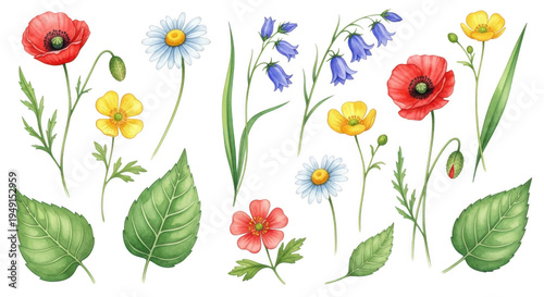 Watercolor flowers and leaves isolated on transparent background