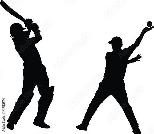 Silhouetted cricket players in action a batsman swings his bat powerfully while a bowler prepares to throw the ball against a white backdrop capturing the sport's dynamic movements