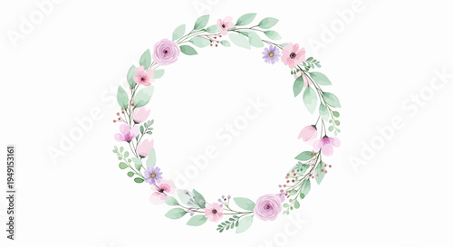 Soft Watercolor Floral Wreath with Pink and Purple Flowers on Isolated White Background