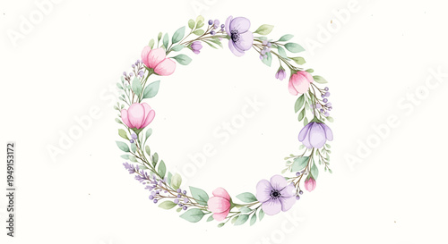 Gentle Watercolor Floral Wreath with Purple and Pink Flowers on Light Beige Background