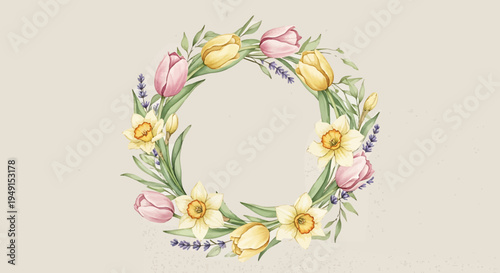 Delicate Watercolor Spring Floral Wreath with Tulips, Daffodils, and Lavender on Beige Background