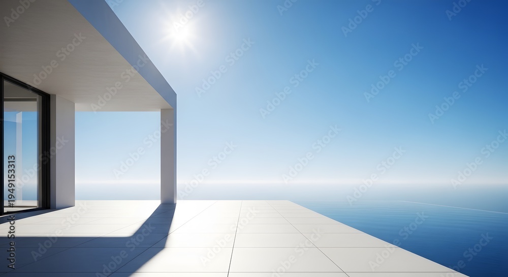 Obraz premium Modern minimalist terrace overlooking the calm blue ocean under bright sunny sky