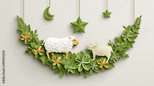 Wallpaper Mural Whimsical Paper Craft Eid al-Adha Scene with Sheep, Moon, Stars, and Greenery Torontodigital.ca