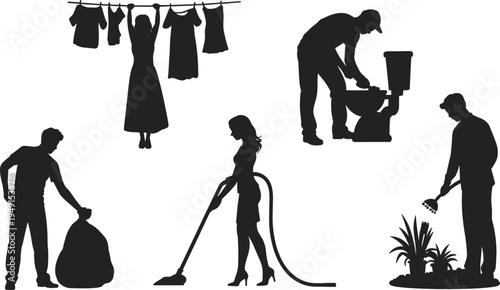 Silhouettes of people performing household chores like laundry cleaning vacuuming and gardening
