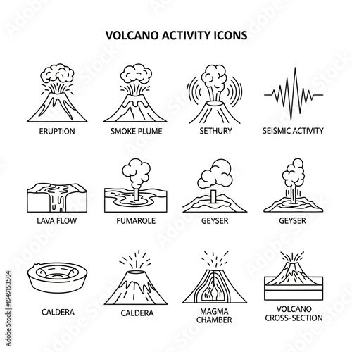 Volcano eruption and activity icons.