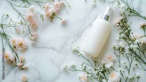 White Spray Bottle on Marble Surface Surrounded by Flowers and Greenery in a Bright Setting
